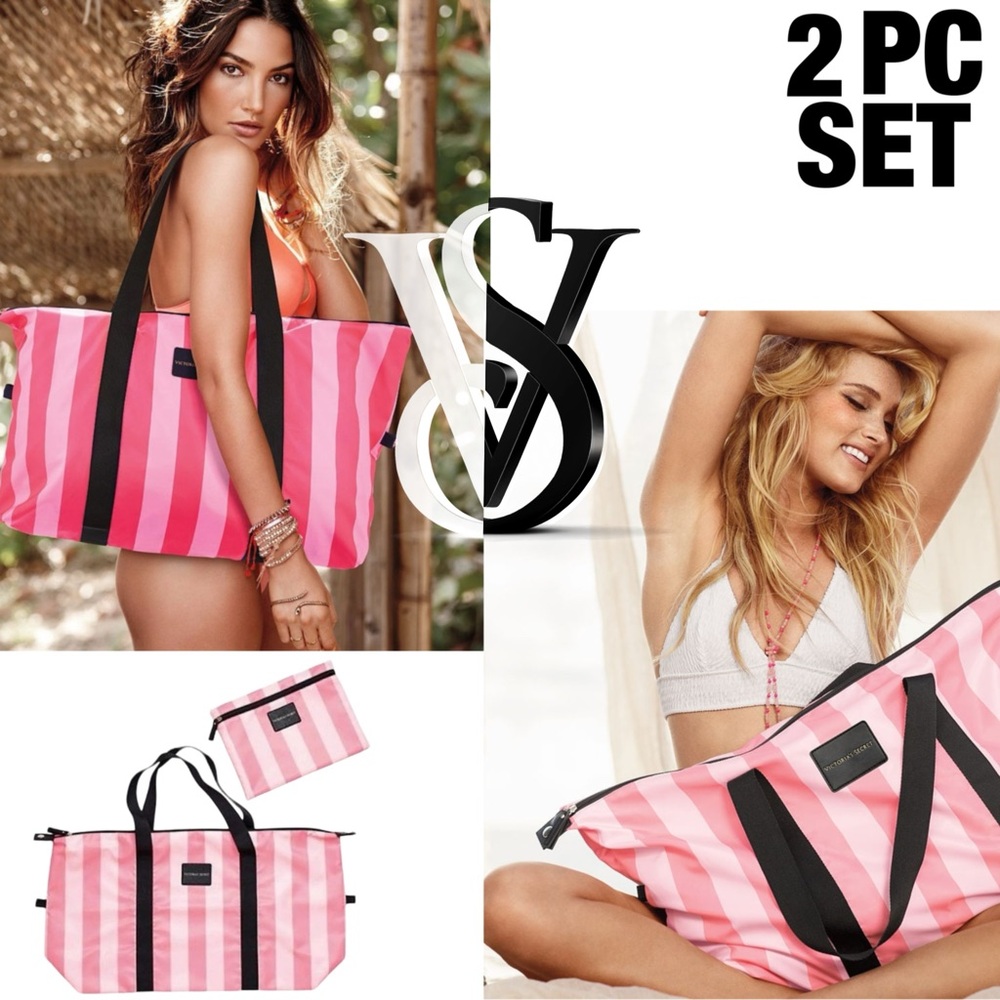 2 PC VICTORIA’S SECRET Travel Lightweight Packable Weekend Tote + Makeup Bag